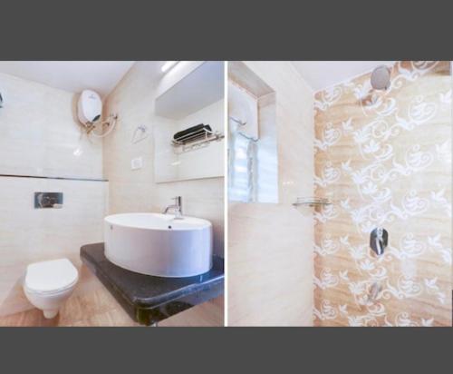 Duas fotografias de uma casa de banho com um lavatório e um WC. em Dia BNB em Assagao