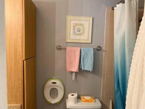 La petite salle de bains est pourvue de toilettes et de serviettes. dans l'établissement Entire Renovated 1BR Condo Close to All Parks, à Orlando