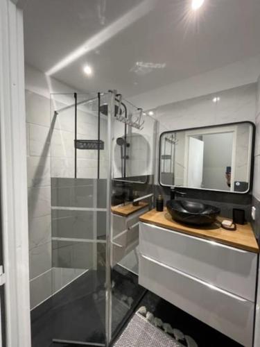 une petite salle de bain avec un miroir et un lavabo dans l'établissement Joli T2, à 5 min de la mer, à La Seyne-sur-Mer