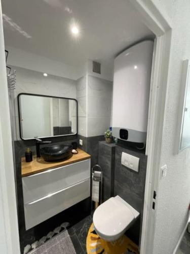 Elle comprend une petite salle de bains avec toilettes et une télévision. dans l'établissement Joli T2, à 5 min de la mer, à La Seyne-sur-Mer