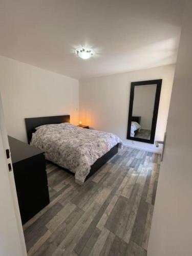 une chambre avec un lit et un grand miroir dans l'établissement Joli T2, à 5 min de la mer, à La Seyne-sur-Mer