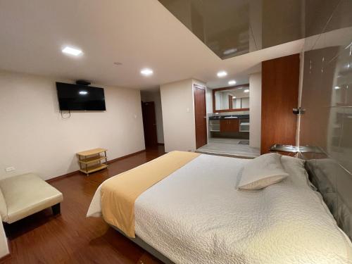 1 dormitorio con 1 cama grande y TV en Hotel Bacastell, en Quito