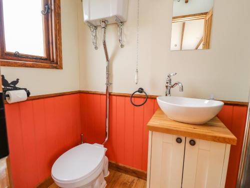 uma casa de banho com um WC e um lavatório em The Herdsman Luxury Shepherds Hut em Barnoldswick