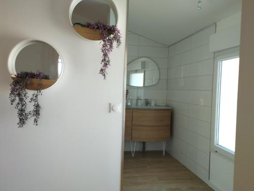 een badkamer met 2 spiegels en een wastafel bij Le Spa panoramique du plateau in Valensole