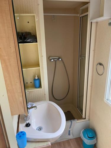 La salle de bains est pourvue d'une douche et d'un lavabo blanc. dans l'établissement Mobil-home climatisé, avec 3 chambres et grande terrasse, entièrement équipé, sauf draps en option, pour 6 adultes au maximum, et possibilité de 2 enfants en plus, à Sarlat-la-Canéda