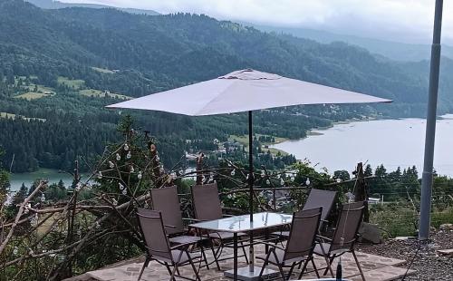 a table and chairs with an umbrella and a lake at Studio 1 Cabana de pe Stanca in Colibiţa