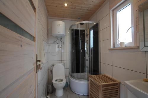 a small bathroom with a toilet and a sink at Nowabobolin domki in Bobolin