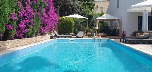 una piscina con agua azul y flores púrpuras en B&B Apulia Time, en Bari