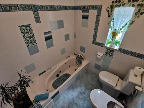 a bathroom with a tub and a toilet and a sink at Cantinho da Alice Family Villa in Sertã