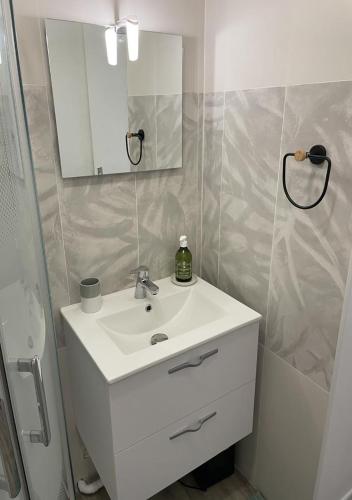 une salle de bain avec un lavabo blanc et un miroir dans l'établissement Studio rénové + loggia 5 mn des thermes / c.ville - La Case à Jo, à Balaruc-les-Bains