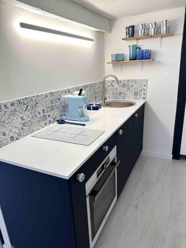 une cuisine avec un évier et un plan de travail dans l'établissement Nouveau - Nice Mamac - centre, à Nice