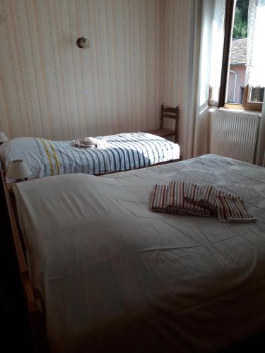 deux lits assis dans une pièce avec une fenêtre dans l'établissement gite à la campagne, à Plombières-les-Bains