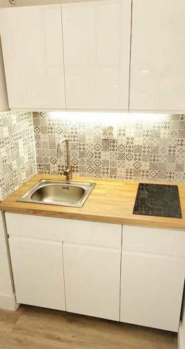 une cuisine avec un évier et un plan de travail dans l'établissement Superbe studio au calme à 8mn de la plage, à La Grande Motte