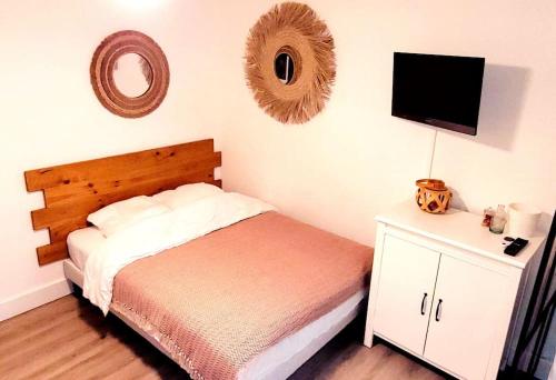 a bedroom with a bed and a tv on the wall at Superbe studio au calme à 8mn de la plage in La Grande Motte