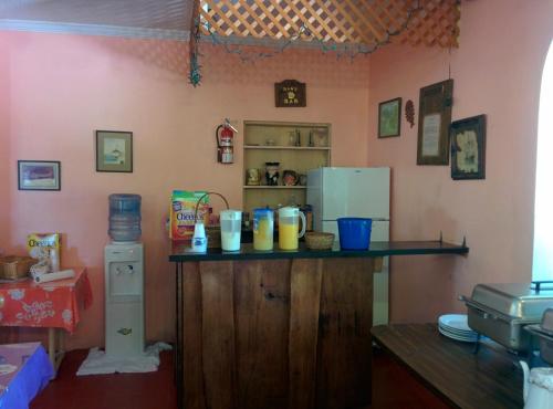 a kitchen with a counter top with a refrigerator at Orange Hill Beach Inn in Nassau