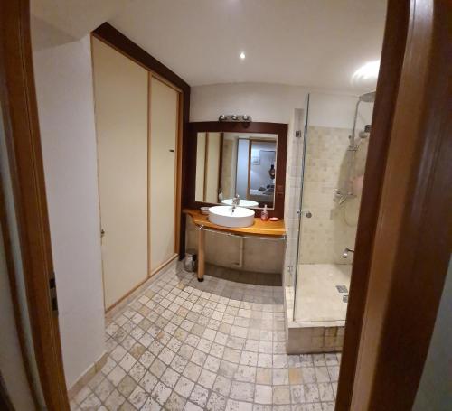 a bathroom with a sink and a shower at La tropezienne, Duplex 73 m2, 100 m du port, climatisation, grande terrasse in Sanary-sur-Mer