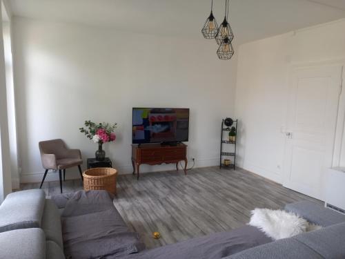 un salon avec un canapé et une télévision dans l'établissement Grand appartement au coeur de Strasbourg, à Strasbourg