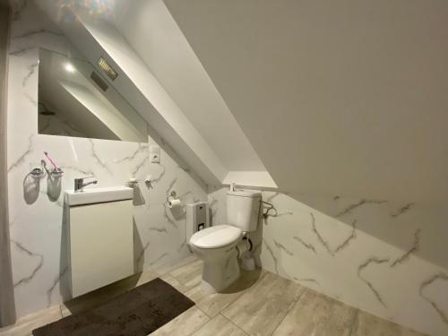 een witte badkamer met een toilet en een wastafel bij Luksusowy domek letniskowy z widokiem na jezioro, 8 osób Kamionki Małe in Kamionki Małe