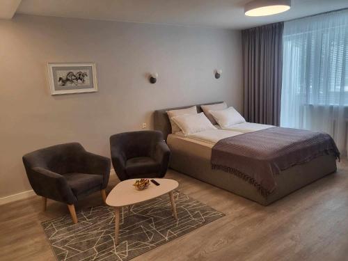 1 dormitorio con 1 cama, 2 sillas y mesa en Vanilės home en Šiauliai