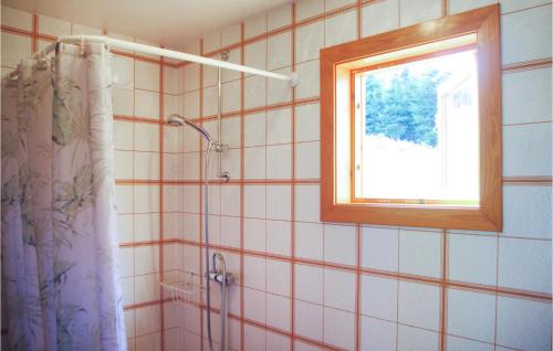 uma casa de banho com um chuveiro e uma janela em Stunning Home In Gunnarskog With Kitchen em Gunnarskog