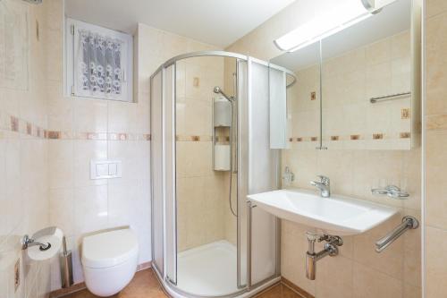 a bathroom with a shower and a sink and a toilet at Blonay Garden Apartment - Swiss Hotel Apartments in Blonay