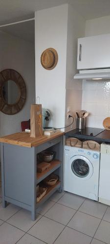 uma cozinha com um balcão e uma máquina de lavar roupa em Port-Vendres, Appartement climatisé Vue Mer ! Le port à 3 minutes ! em Port-Vendres