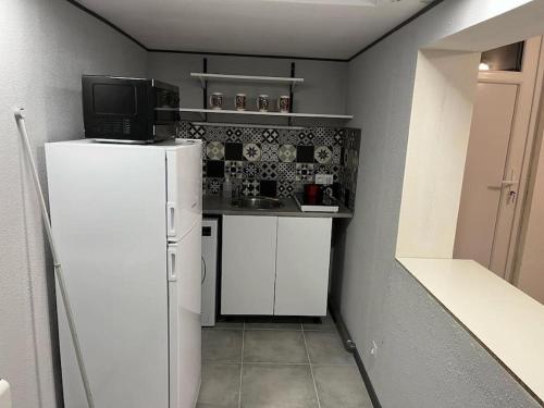 a small kitchen with a refrigerator and a microwave at Langeais - Gîte des Culeveaux in Langeais