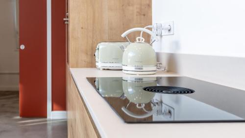 eine Küchentheke mit einem Toaster und einem Toaster in der Unterkunft Maison-Loft de standing autour de son patio in Vannes