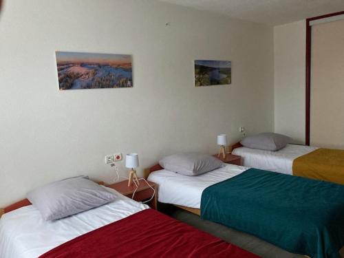 a room with two beds and two paintings on the wall at APF France handicap - Ferme Léonie in Saint-Laurent-en-Grandvaux