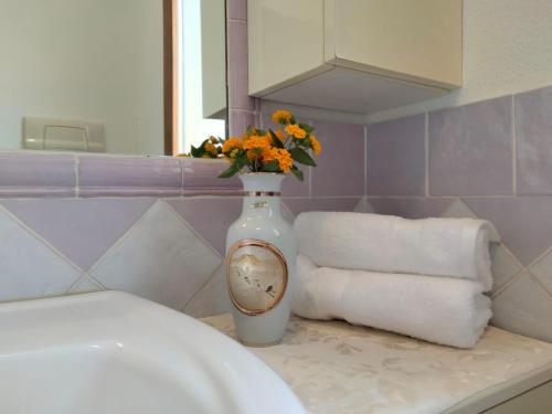 奥尔比亚La Casa dei Fenicotteri的浴室的柜台上摆放着鲜花的花瓶