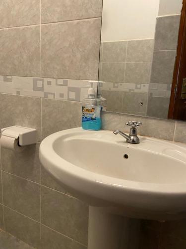 Comfy One Bedroom Apartment at Joyland Ruaka في Ruaka: حمام مع حوض أبيض ومرآة
