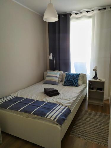 ein Bett in einem Schlafzimmer mit einem großen Fenster in der Unterkunft Baltic Garden in Sztutowo