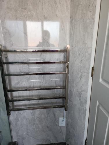 a shower with a metal towel rack in a bathroom at Bed & Breakfast @ Unsworth Heights Albany in Auckland