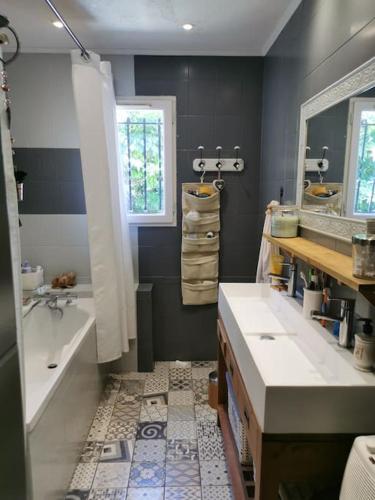 une salle de bain avec une baignoire et un lavabo et une baignoire dans l'établissement Villa proche d’Avignon, à Rochefort-du-Gard