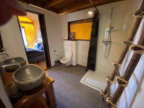 a bathroom with a sink and a toilet at Safritop Sabine Emanuel in Lingerhahn