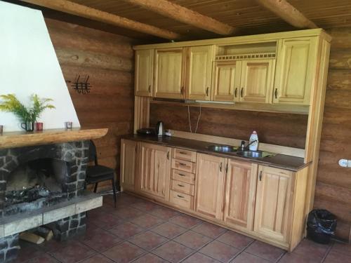 une cuisine avec des placards en bois et une cheminée dans l'établissement Guest House Zimmerfrei, à Kadaga