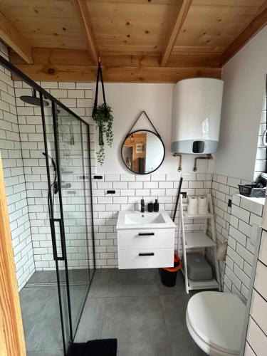 uma casa de banho com um chuveiro e um lavatório. em Stodoły na Mierzei em Kąty Rybackie