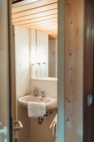a bathroom with a sink and a mirror at SONNE Wilhams in Missen-Wilhams