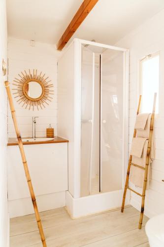 a bathroom with a ladder and a mirror at Dreamsea Bungalows Alentejo in Porto Covo