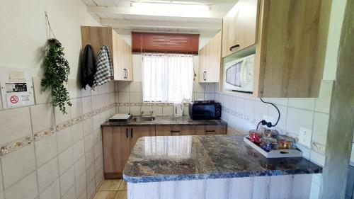 una pequeña cocina con encimera y fregadero en Wild Forest Inn en Graskop