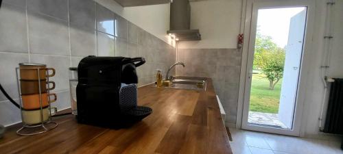 uma cozinha com um lavatório e uma cadeira num quarto em Gîte près de Sarlat avec jardin et salon de massages em Carsac-Aillac
