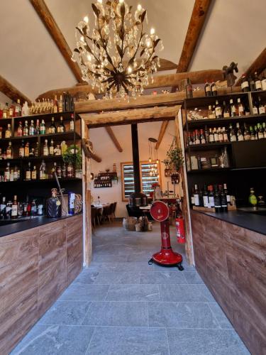 a bar with a chandelier in a room at Chesa Prema Bed & Breakfast - Restaurant in Disentis