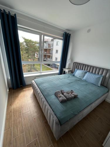 sypialnia z łóżkiem i dużym oknem w obiekcie Apartament za wydmami w Rowach
