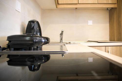 a kitchen with a sink and a black appliance at Stone house with Amazing View in Kótronas