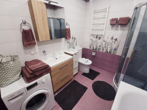 ein Badezimmer mit einer Waschmaschine und einem Waschbecken in der Unterkunft Green terrace in Klaipėda