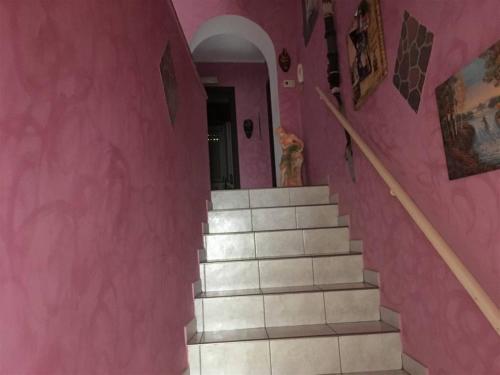 un escalier dans une chambre rose avec un chien debout sur elle dans l'établissement La Piccola Valle, à Vallefiorita