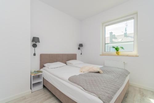 Apartamenty Mierzeja NCNK Baltic Twins Sztutowo في شتوتوفو: سرير في غرفة بيضاء مع نافذة