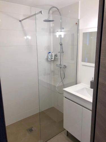 une salle de bain avec douche et lavabo dans l'établissement Appartement neuf, piscine, terrasse, vue mer., à Cannes
