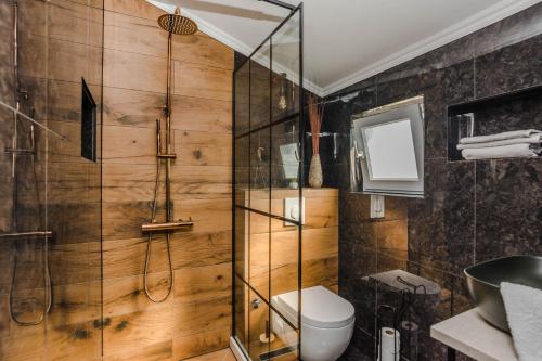 a bathroom with a glass shower and a toilet at Apartment Simunic Punta in Bibinje