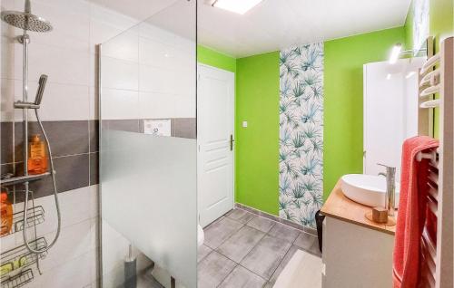 ein Bad mit grünen und weißen Wänden und einer Dusche in der Unterkunft Cozy Home In Vitry-en-charollais With Kitchen in Vitry-en-Charollais